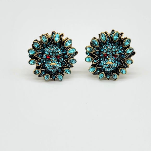 Heidi Daus Blue Topaz Swarovski Crystal Lion Stud Earrings w/ Glowing Red Eyes - Picture 9 of 11